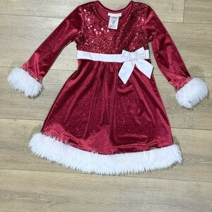 Bonnie Jean Size 4 Christmas Dress Red Velvet Sequin Faux Fur Holiday